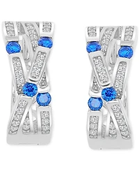 Blue Cubic Zirconia Pave Three-Row Overlapped Huggie Earrings in Sterling Silver