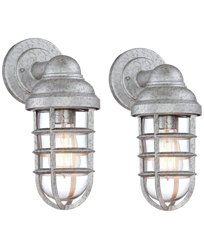 John Timberland Marlowe Industrial Outdoor Wall Lights Set of 2 Galvanized Steel Cage Frame 13 1/4" Clear Glass for Post Exterior Barn Deck House