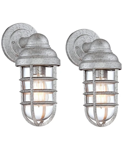 John Timberland Marlowe Industrial Outdoor Wall Lights Set of 2 Galvanized Steel Cage Frame 13 1/4" Clear Glass for Post Exterior Barn Deck House