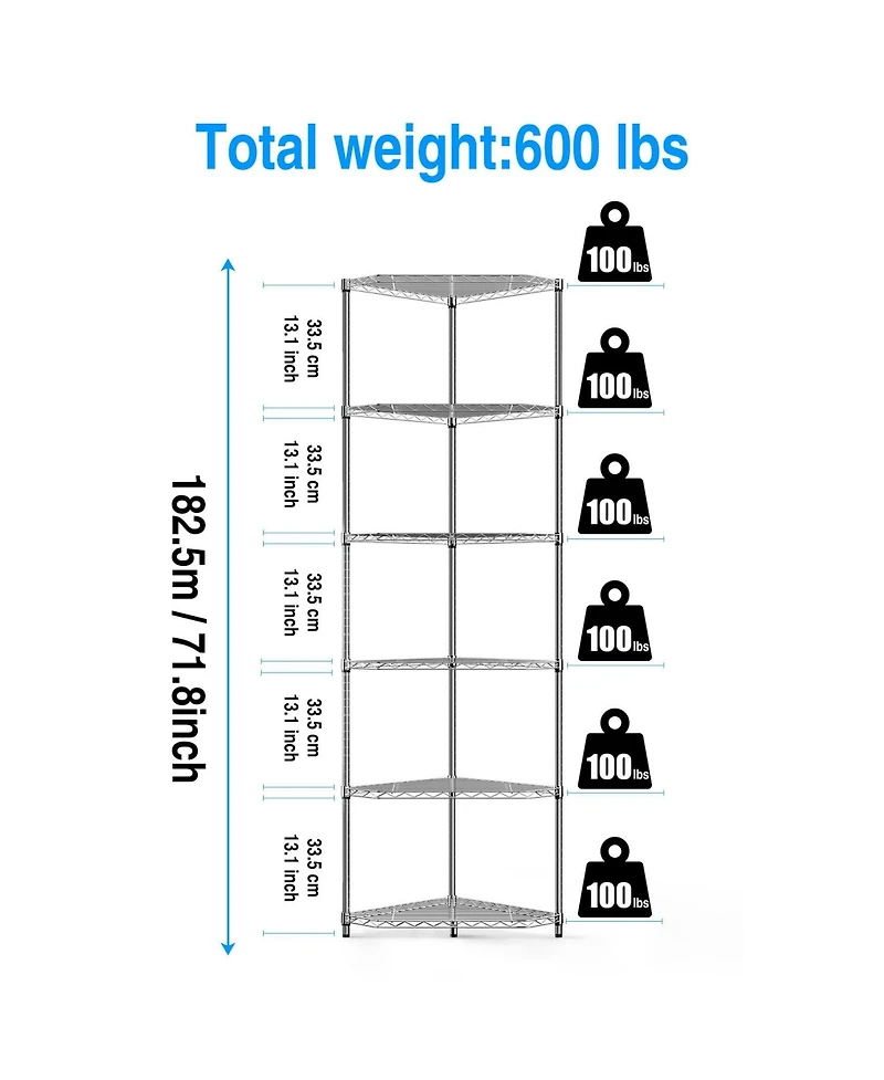 6 Tier Shelf Corner Wire Shelf Rack Pentagonal Shelves Adjustable Metal Heavy Duty Free Standing Corner Storage Display Chrome Rack for Bathroom, Livi