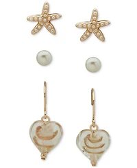 lonna & lilly Gold-Tone 3-Pc. Set Imitation Pearl Stud & Stone Drop Earrings