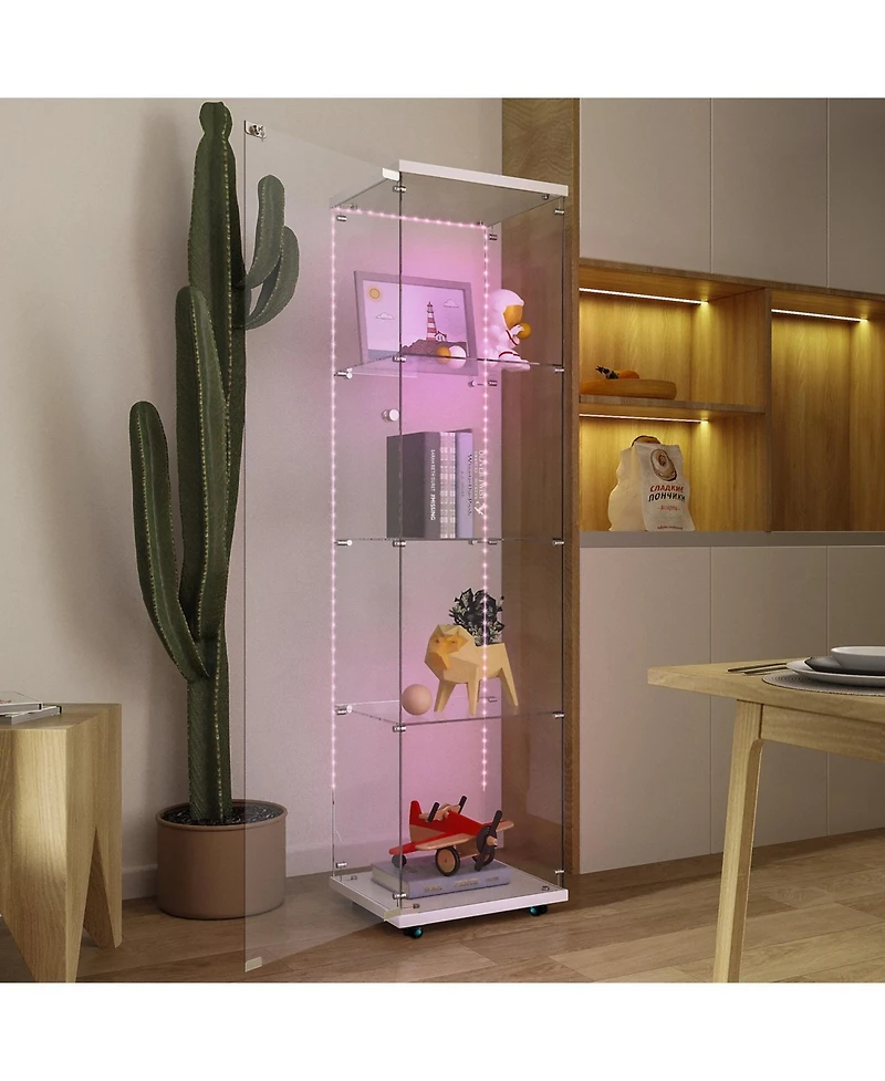 Streamdale White Tempered Glass Cabinet w/ Led, Lock & Wheels
