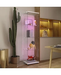 Streamdale White Tempered Glass Cabinet w/ Led, Lock & Wheels
