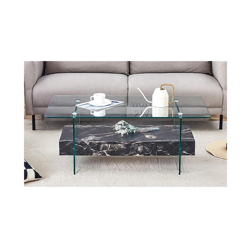 Streamdale 43.3" Modern Two-Tier Glass Coffee Table w/ Marble Texture & Drawer