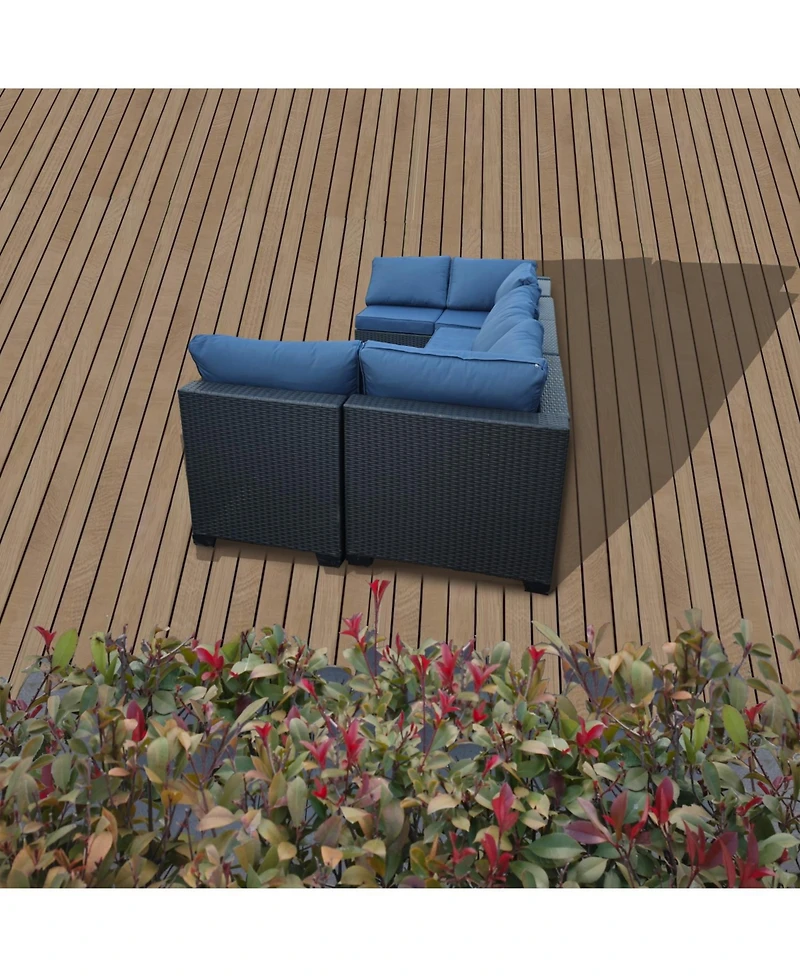 Streamdale Seven-Piece Black Rattan Outdoor Sofa Set w/ Blue Cushions