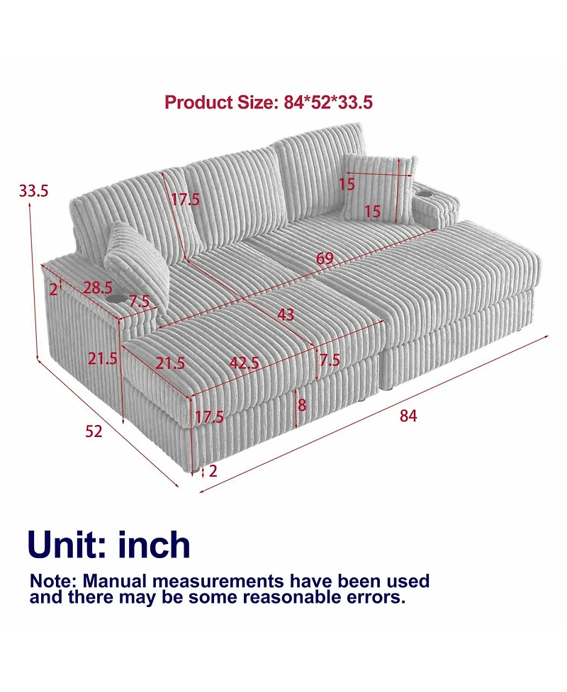 Streamdale Cozy 84" Corduroy Sofa with Storage, Ottomans, and Pillows