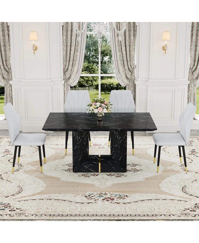 Streamdale Black Marble Mdf Dining Set with Light Gray Pu Chairs