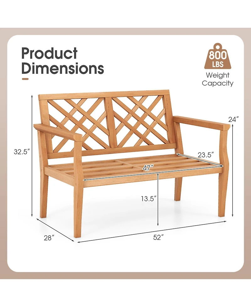 Outdoor Garden Bench 2-Person Teak Wood Bench with Comfy Armrests and Backrest