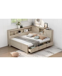Streamdale Furniture Full Size Wood Daybed with Storage Shelves and 3 Drawers, Antique White Milk