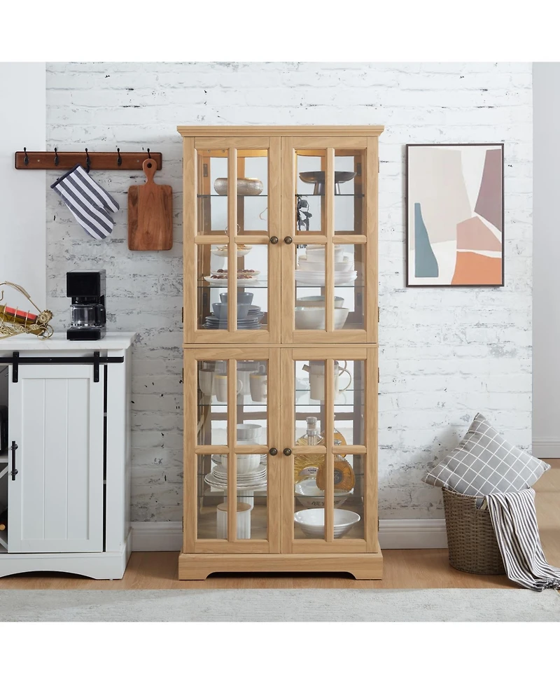 Streamdale Antique Curio Cabinet with Glass Doors, Adjustable Shelves, and Oak E26 Bulb