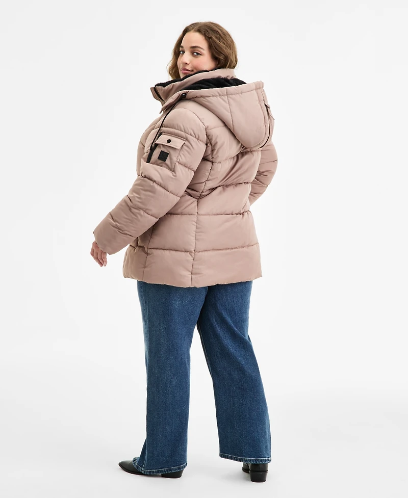 Steve Madden Plus Size Hooded Utility-Pocket Puffer Coat