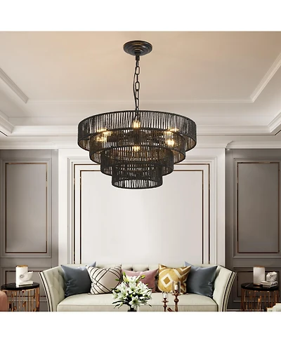 Streamdale 4-Tier Black Hemp Rope Chandelier with 6 Sockets, Ul Listed Hardwired Pendant Light