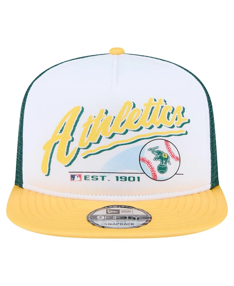 New Era Men's White/Gold Athletics Retro Script Trucker 9FIFTY Snapback Hat
