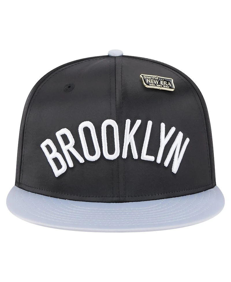 New Era Men's Black/Gray Brooklyn Nets Throwback Satin Vintage Pin Two-Tone 59FIFTY Fitted Hat