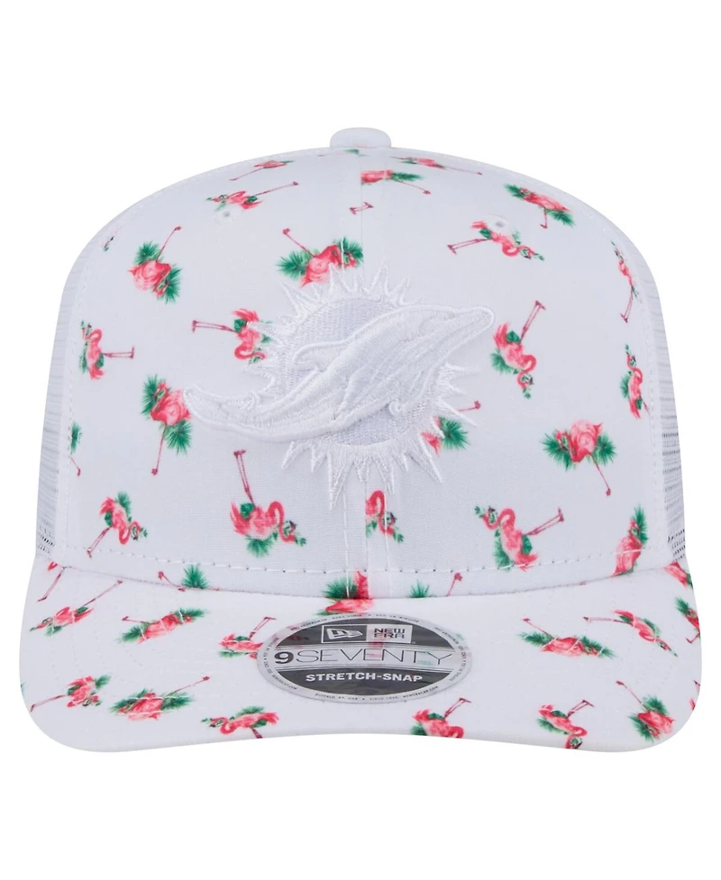 New Era Men's White Miami Dolphins Adventure Flamingo Pattern 9SEVENTY Stretch Snap Hat