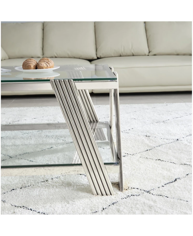 Streamdale 47" Stainless Steel Coffee Table with Glass Top and Storage
