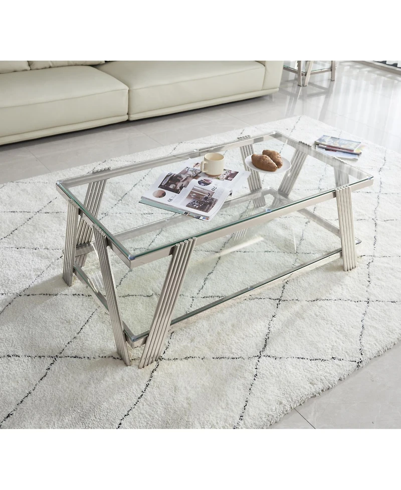 Streamdale 47" Stainless Steel Coffee Table with Glass Top and Storage