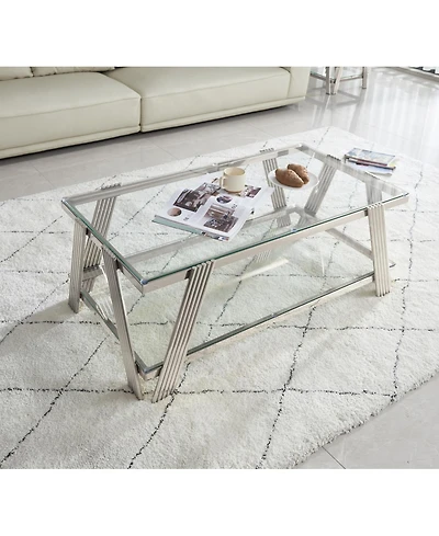 Streamdale 47" Stainless Steel Coffee Table with Glass Top and Storage
