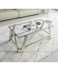 Streamdale 47" Stainless Steel Coffee Table with Glass Top and Storage