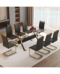 Streamdale 71" Glass Dining Set with 8 Black Pu Chairs & Gold Metal Legs