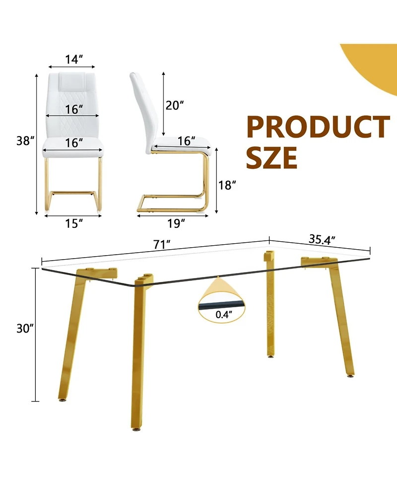 Streamdale Golden Leg Glass Table & 6 White Pu Chairs