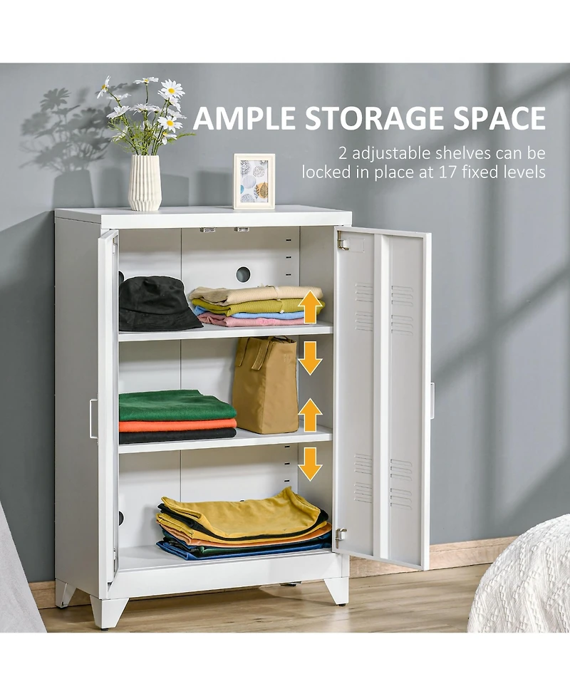 Industrial Storage Cabinet, Steel Garage Cabinet with Double Doors and Adjustable Shelves, White