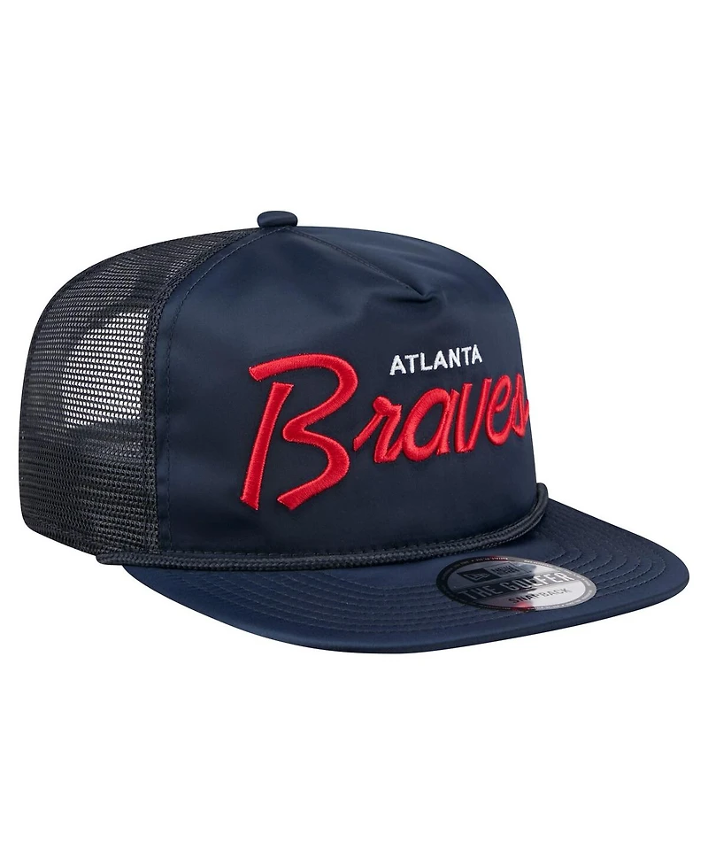 New Era Men's Navy Atlanta Braves Retro Satin Script Golfer Adjustable Hat