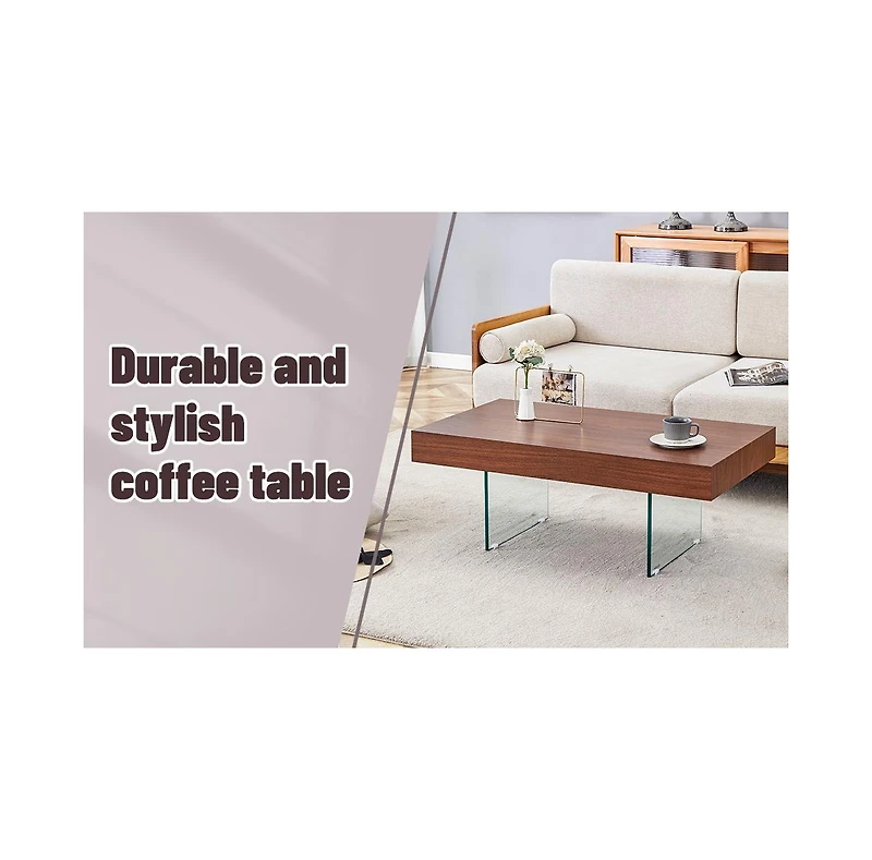 Streamdale Walnut Mdf Coffee Table with Glass Legs (39.3"x21.6")