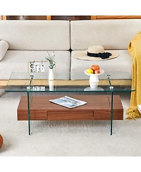 Streamdale 43.3" Modern 2-Tier Coffee Table Glass & Wood Grain, Storage & Multi-Use