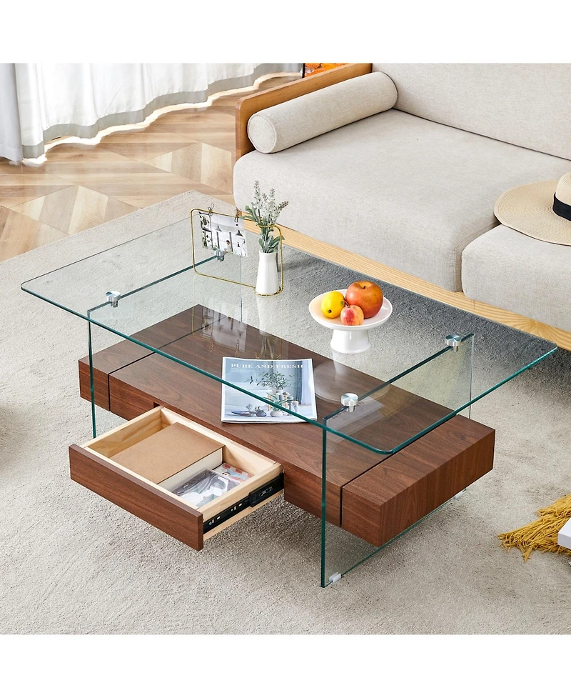 Streamdale 43.3" Modern 2-Tier Coffee Table Glass & Wood Grain, Storage & Multi-Use