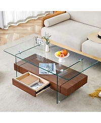 Streamdale 43.3" Modern 2-Tier Coffee Table Glass & Wood Grain, Storage & Multi-Use
