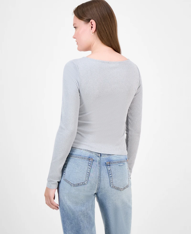 Just Polly Juniors' Lace-Trim Sweetheart-Neck Knit Top