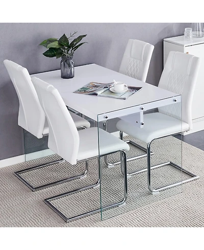 Streamdale White Coffee Table & 4 Pu Chairs - Glass Legs, Silver Accents
