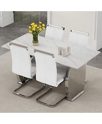 Snow Mountain White Sintered Stone Dining Set - 4 Pu Chairs