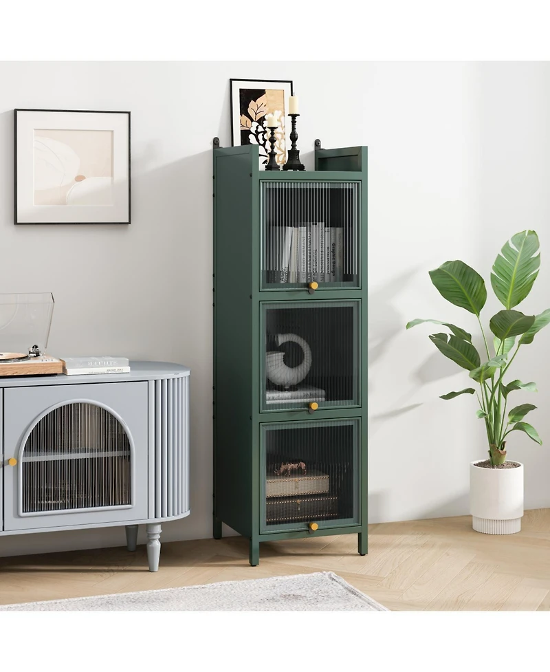 Streamdale Glass Door Cabinet with 7 Tier Storage, Modern Dark Green