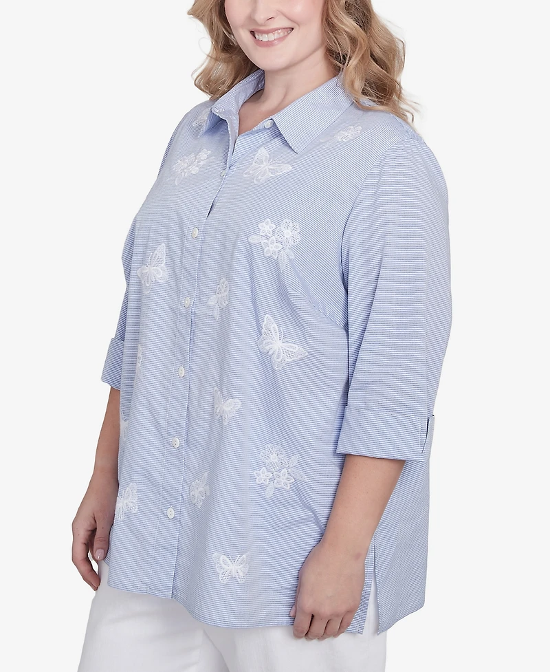 Alfred Dunner Plus Classic Striped Woven Butterfly Button Down Top