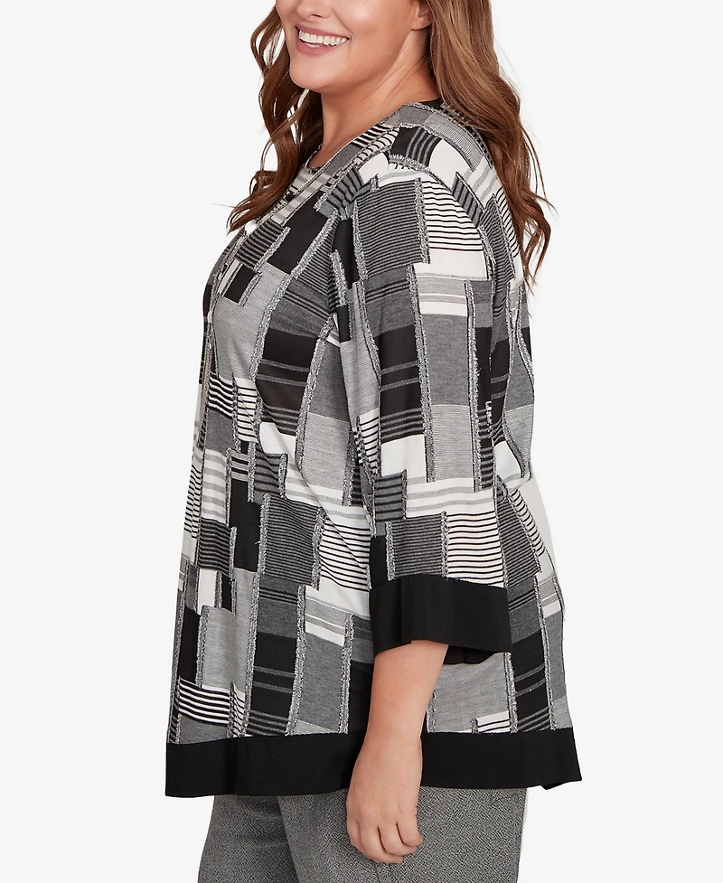 Alfred Dunner Plus Santa Barbara Patchwork Solid Black Trim Top