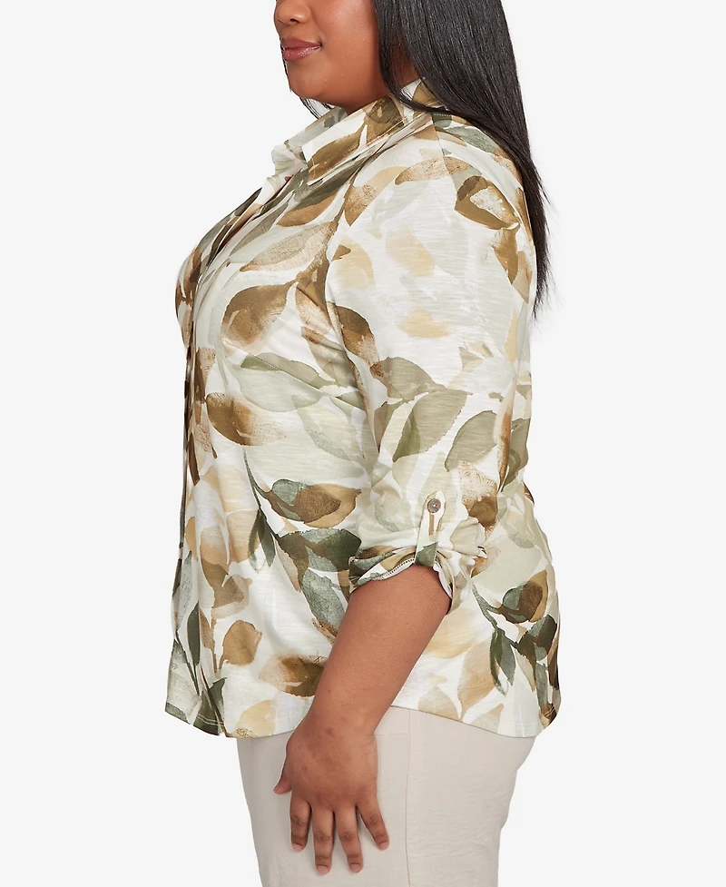 Alfred Dunner Plus Size Copper Canyon Knit Leaf Button Front Top