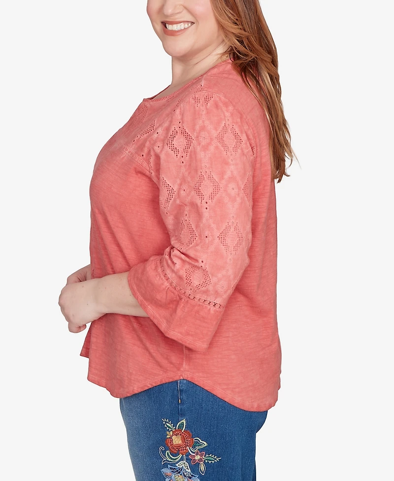 Alfred Dunner Plus El Paso Diamond Textured Spliced Bell Sleeve Top