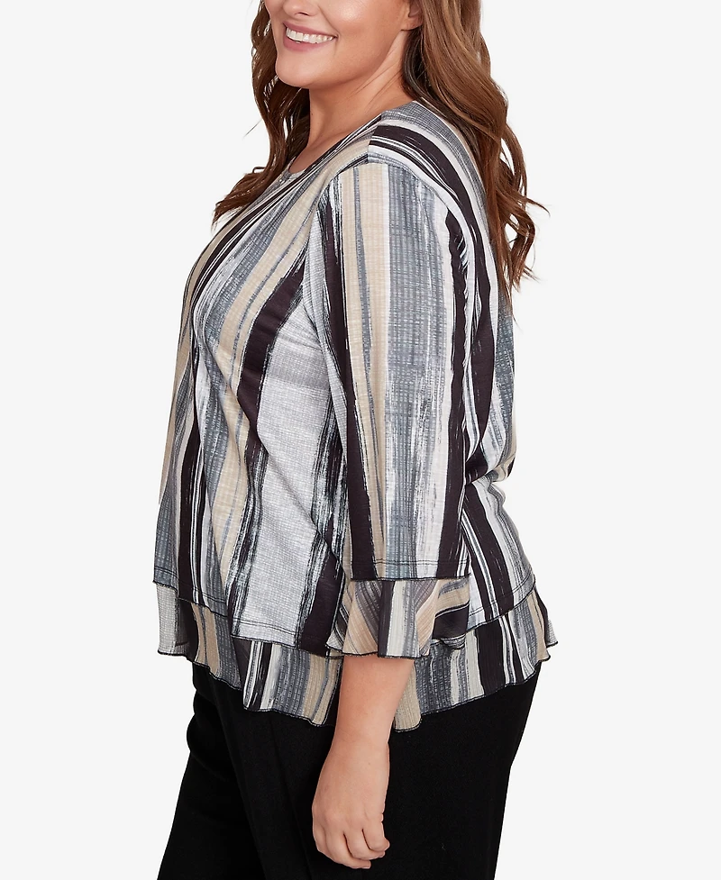 Alfred Dunner Plus Santa Barbara Etched Stripe Bell Sleeve Top