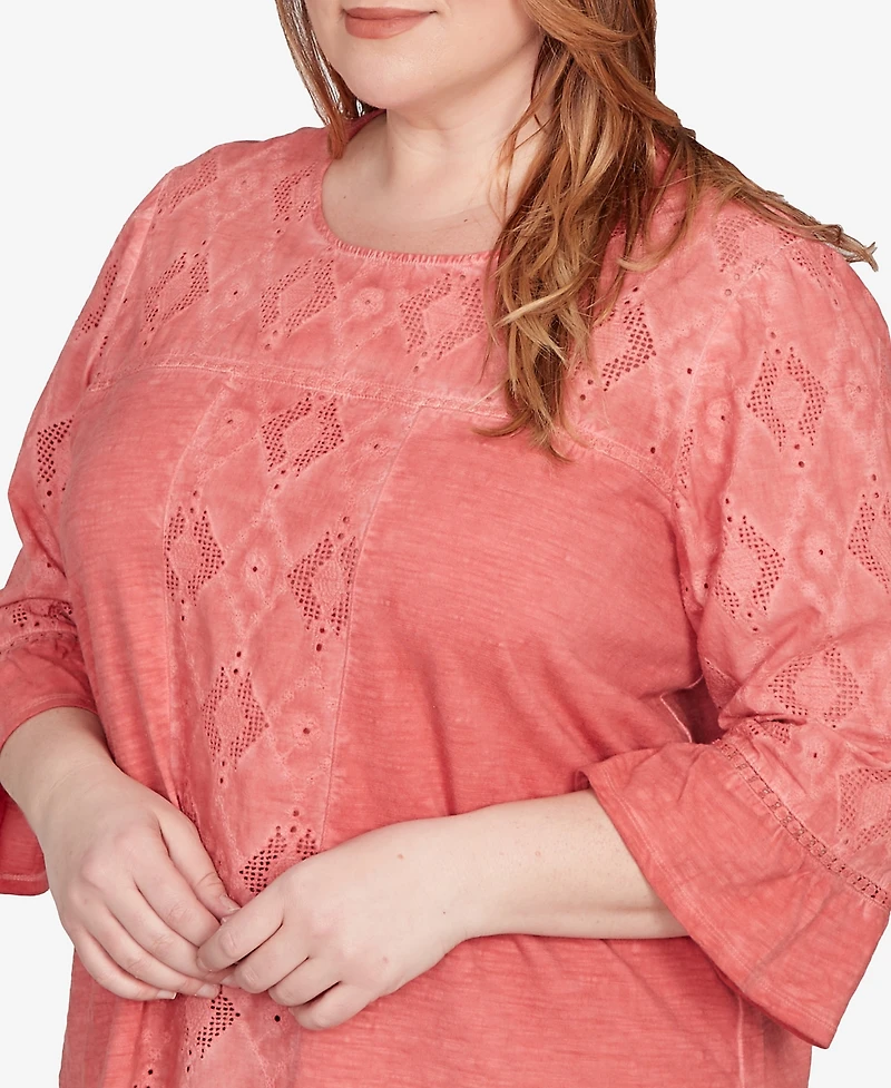 Alfred Dunner Plus El Paso Diamond Textured Spliced Bell Sleeve Top