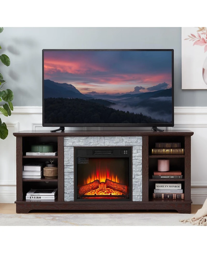 Streamdale Furniture Cherry Tv Stand with Stacked Stone Electric Fireplace