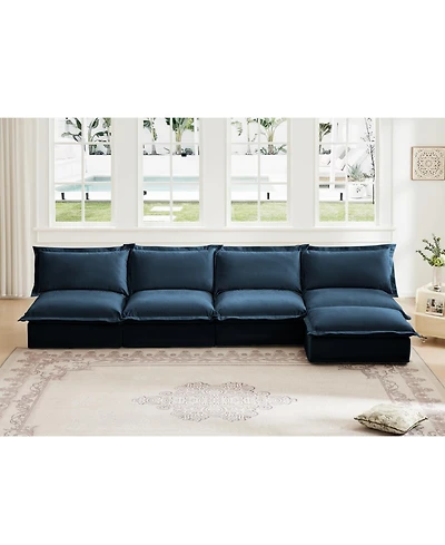 Slipcovered Modular Sectional Sofa with Detachable Ottoman (Blue Chenille)