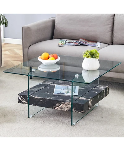 Streamdale Elegant 31.4" Modern Square Coffee Table Glass and Marble Pattern