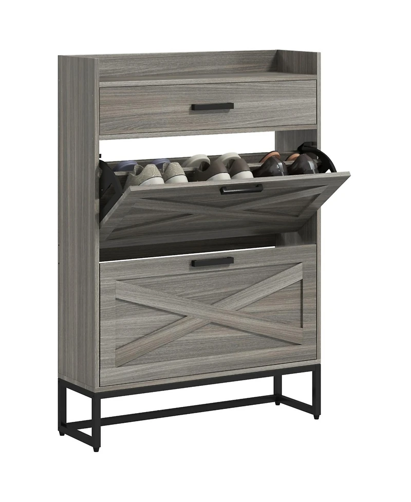Narrow Shoe Cabinet, Industrial Shoe Storage Cabinet with 2 Flip Drawers, Adjustable Shelves, and Top Drawer, Entryway Hidden Shoe Storage for 12 Pair