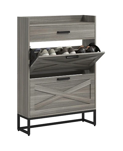 Narrow Shoe Cabinet, Industrial Shoe Storage Cabinet with 2 Flip Drawers, Adjustable Shelves, and Top Drawer, Entryway Hidden Shoe Storage for 12 Pair
