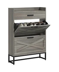 Narrow Shoe Cabinet, Industrial Shoe Storage Cabinet with 2 Flip Drawers, Adjustable Shelves, and Top Drawer, Entryway Hidden Shoe Storage for 12 Pair