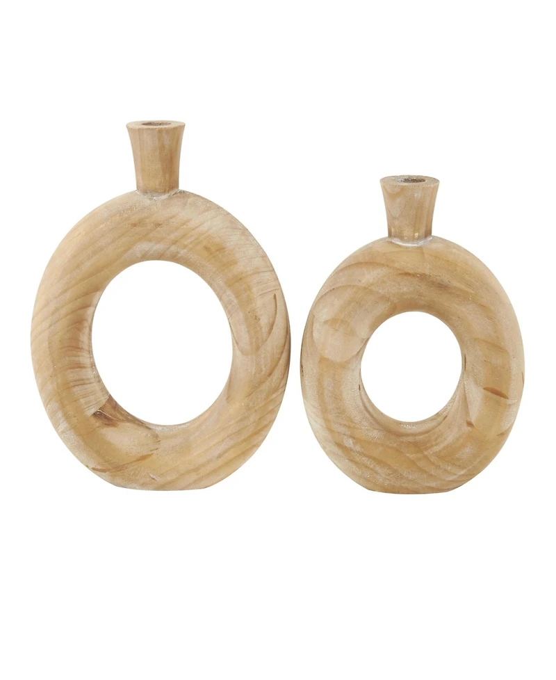 Rosemary Lane 9" Wood Circular Decorative Vase with Cutout Center, Set of 2