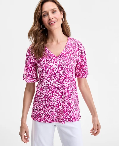 Jm Collection Women's Printed V-Neck Short Sleeve Knit Top, Exclusively at Macy's