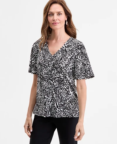 Jm Collection Women's Printed V-Neck Short Sleeve Knit Top, Exclusively at Macy's